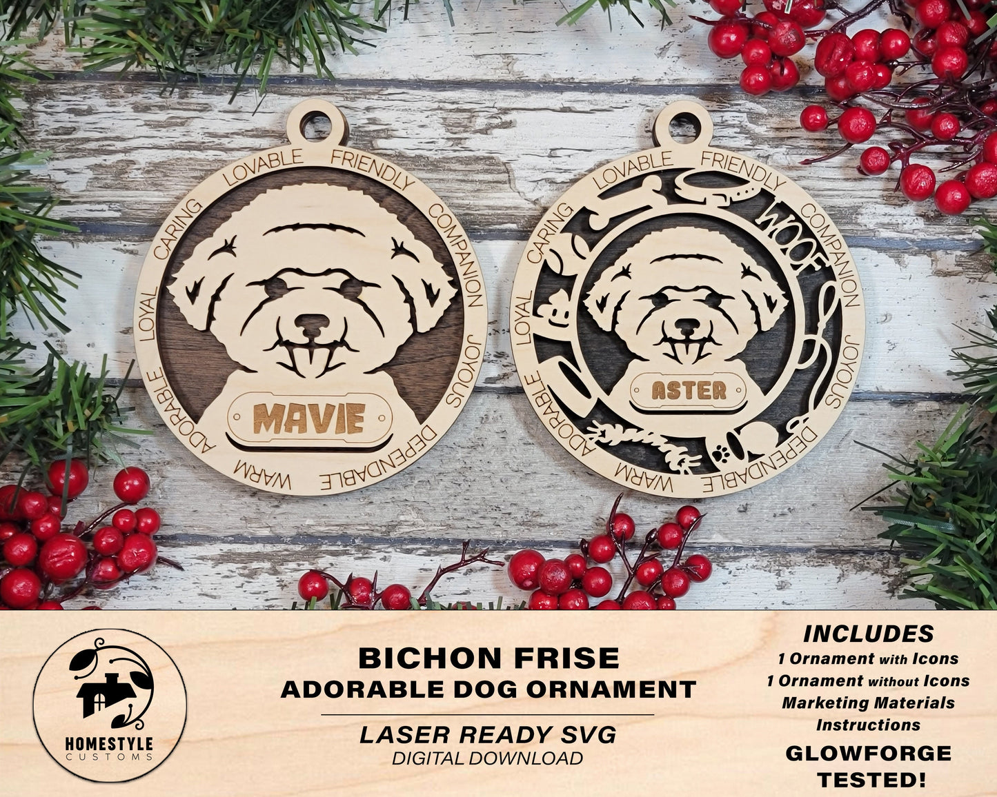 Bichon Frise - Adorable Dog Ornaments - 2 Ornaments included - SVG, PDF, AI File Download - Sized for Glowforge