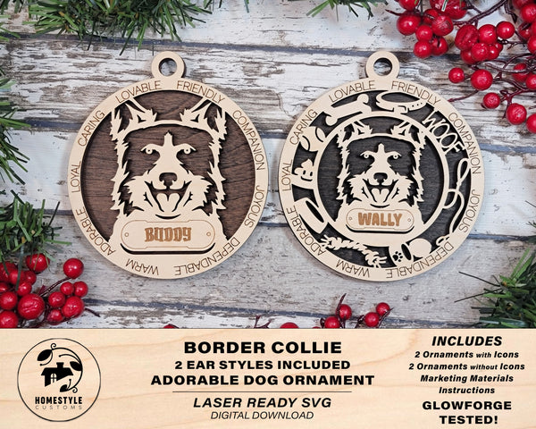 Border Collie - Adorable Dog Ornaments - 2 Ornaments included - SVG, PDF, AI File Download - Sized for Glowforge