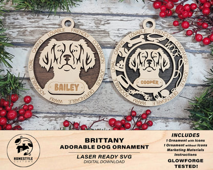 Brittany - Adorable Dog Ornaments - 2 Ornaments included - SVG, PDF, AI File Download - Sized for Glowforge