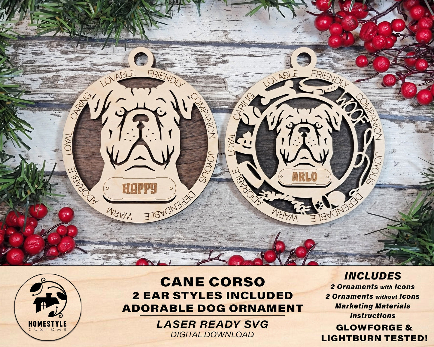 Cane Corso - Adorable Dog Ornaments - 2 Ornaments included - SVG, PDF, AI File Download - Sized for Glowforge