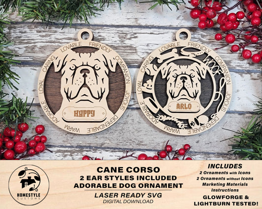 Cane Corso - Adorable Dog Ornaments - 2 Ornaments included - SVG, PDF, AI File Download - Sized for Glowforge