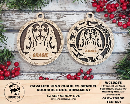 Cavalier King Charles Spaniel - Adorable Dog Ornaments - 2 Ornaments included - SVG, PDF, AI File Download - Sized for Glowforge