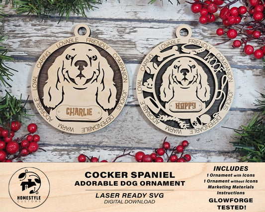 Cocker Spaniel - Adorable Dog Ornaments - 2 Ornaments included - SVG, PDF, AI File Download - Sized for Glowforge