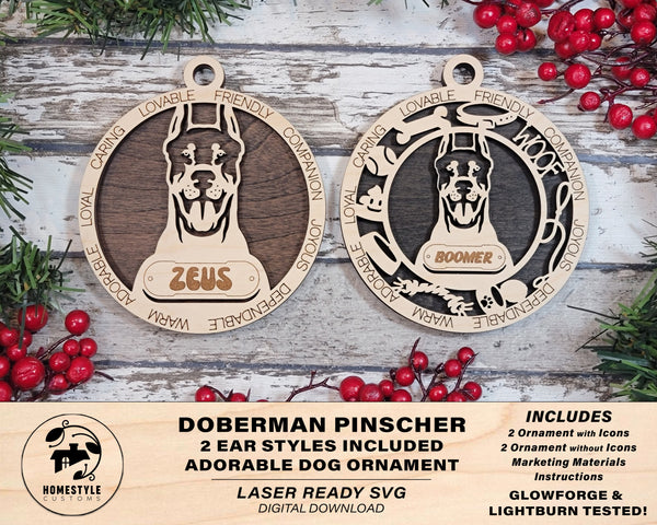 Doberman Pinscher - Adorable Dog Ornaments - 2 Ornaments included - SVG, PDF, AI File Download - Sized for Glowforge