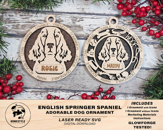 English Springer Spaniel - Adorable Dog Ornaments - 2 Ornaments included - SVG, PDF, AI File Download - Sized for Glowforge