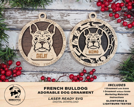 French Bulldog - Adorable Dog Ornaments - 2 Ornaments included - SVG, PDF, AI File Download - Sized for Glowforge