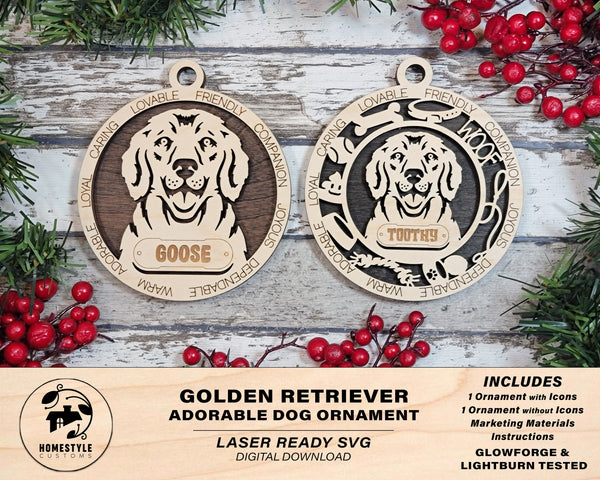 Golden Retriever - Adorable Dog Ornaments - 2 Ornaments included - SVG, PDF, AI File Download - Sized for Glowforge