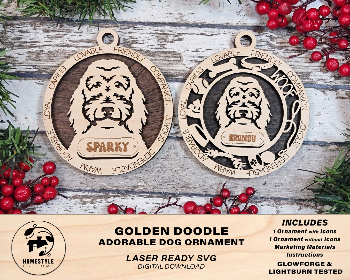 Golden Doodle - Adorable Dog Ornaments - 2 Ornaments included - SVG, PDF, AI File Download - Sized for Glowforge