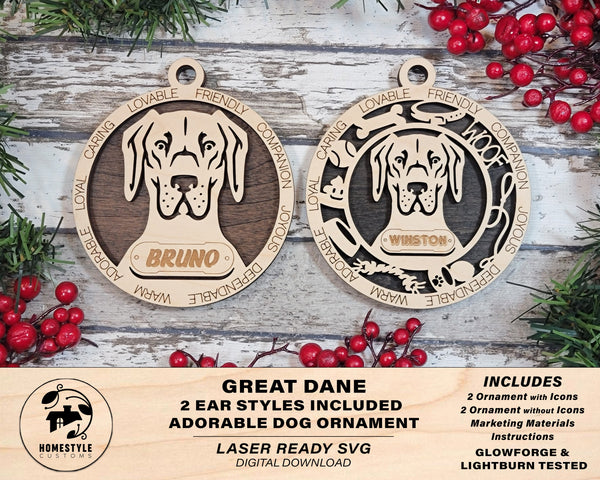 Great Dane - Adorable Dog Ornaments - 2 Ornaments included - SVG, PDF, AI File Download - Sized for Glowforge