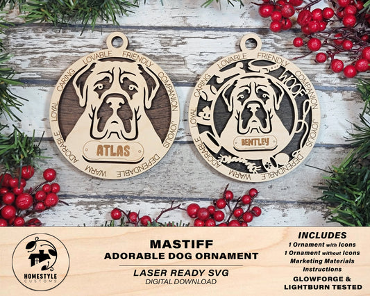 Mastiff - Adorable Dog Ornaments - 2 Ornaments included - SVG, PDF, AI File Download - Sized for Glowforge