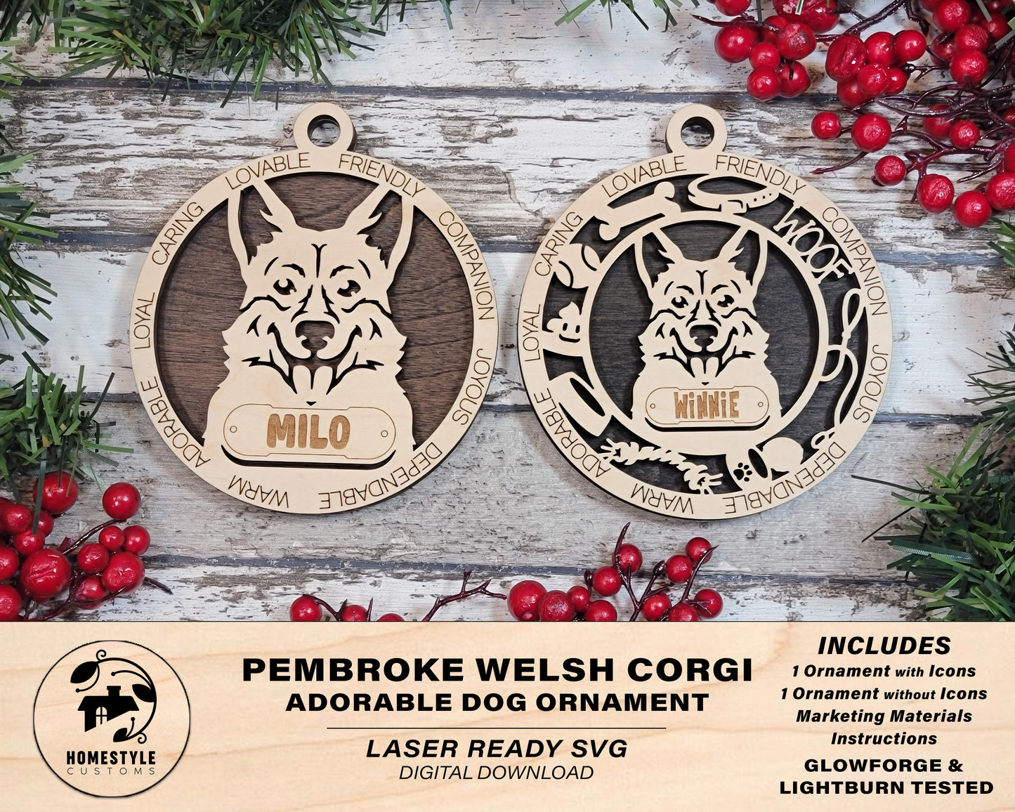 Pembroke Welsh Corgi - Adorable Dog Ornaments - 2 Ornaments included - SVG, PDF, AI File Download - Sized for Glowforge