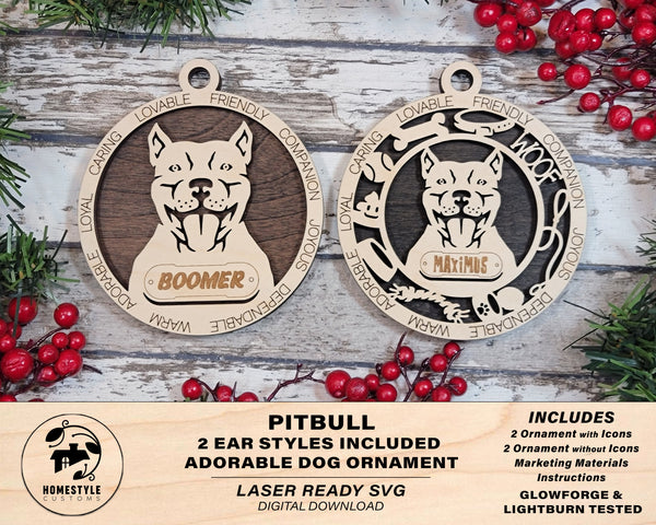 Pit Bull - Adorable Dog Ornaments - 2 Ornaments included - SVG, PDF, AI File Download - Sized for Glowforge