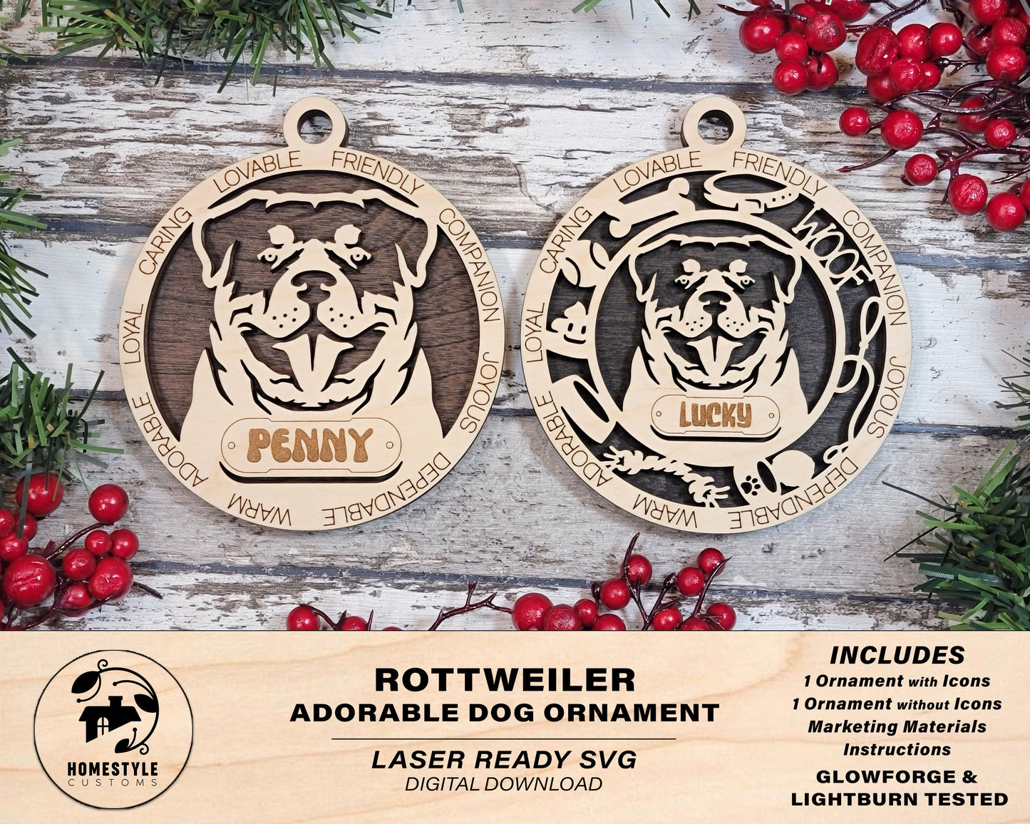 Rottweiler - Adorable Dog Ornaments - 2 Ornaments included - SVG, PDF, AI File Download - Sized for Glowforge