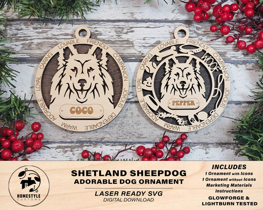 Shetland Sheepdog - Adorable Dog Ornaments - 2 Ornaments included - SVG, PDF, AI File Download - Sized for Glowforge