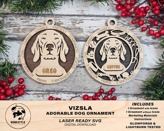 Vizsla - Adorable Dog Ornaments - 2 Ornaments included - SVG, PDF, AI File Download - Sized for Glowforge