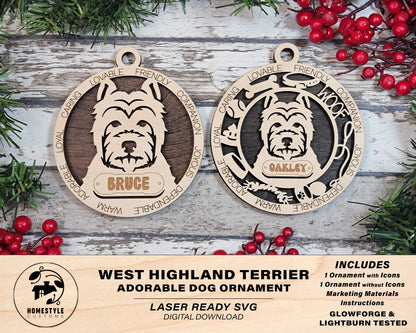 West Highland Terrier - Adorable Dog Ornaments - 2 Ornaments included - SVG, PDF, AI File Download - Sized for Glowforge