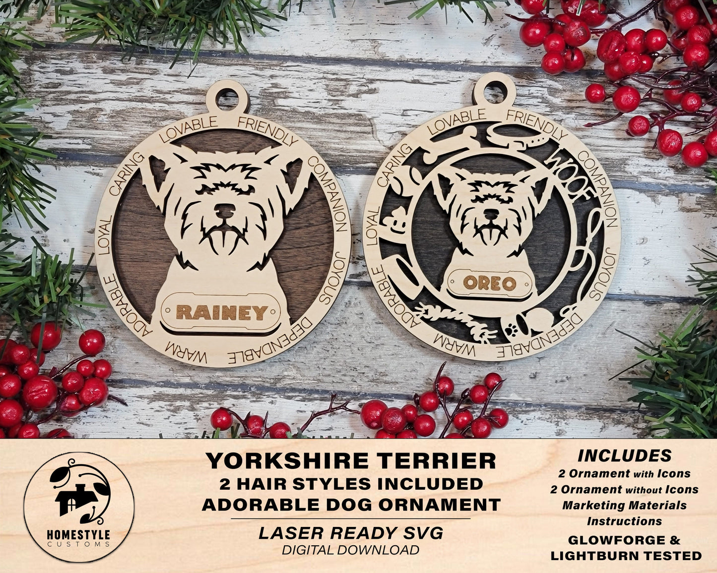 Yorkshire Terrier - Adorable Dog Ornaments - 2 Ornaments included - SVG, PDF, AI File Download - Sized for Glowforge