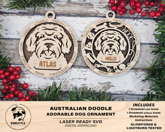 Australian Doodle - Adorable Dog Ornaments - 2 Ornaments included - SVG, PDF, AI File Download - Sized for Glowforge