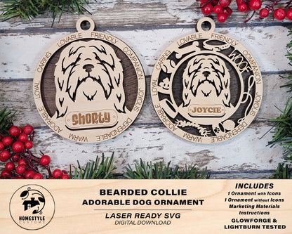 Bearded Collie - Adorable Dog Ornaments - 2 Ornaments included - SVG, PDF, AI File Download - Sized for Glowforge
