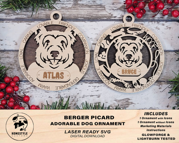 Berger Picard - Adorable Dog Ornaments - 2 Ornaments included - SVG, PDF, AI File Download - Sized for Glowforge