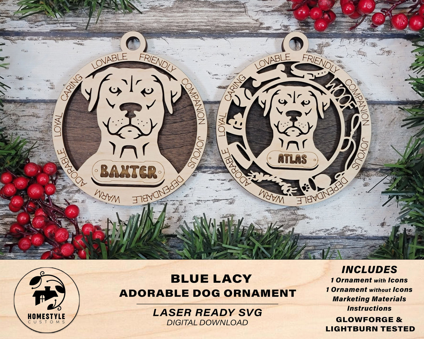 Blue Lacy - Adorable Dog Ornaments - 2 Ornaments included - SVG, PDF, AI File Download - Sized for Glowforge