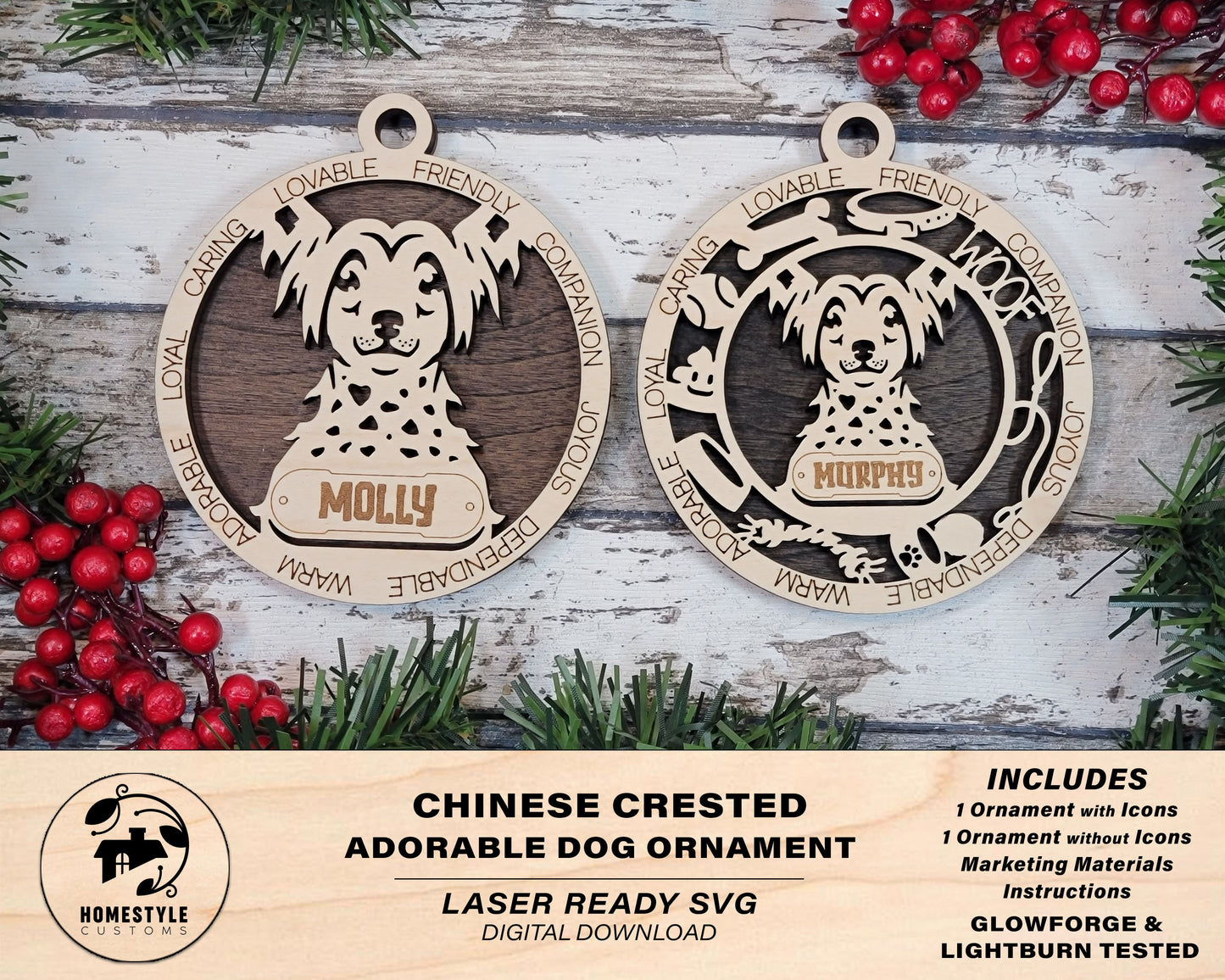 Chinese Crested - Adorable Dog Ornaments - 2 Ornaments included - SVG, PDF, AI File Download - Sized for Glowforge