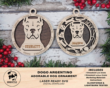 Dogo Argentino - Adorable Dog Ornaments - 2 Ornaments included - SVG, PDF, AI File Download - Sized for Glowforge