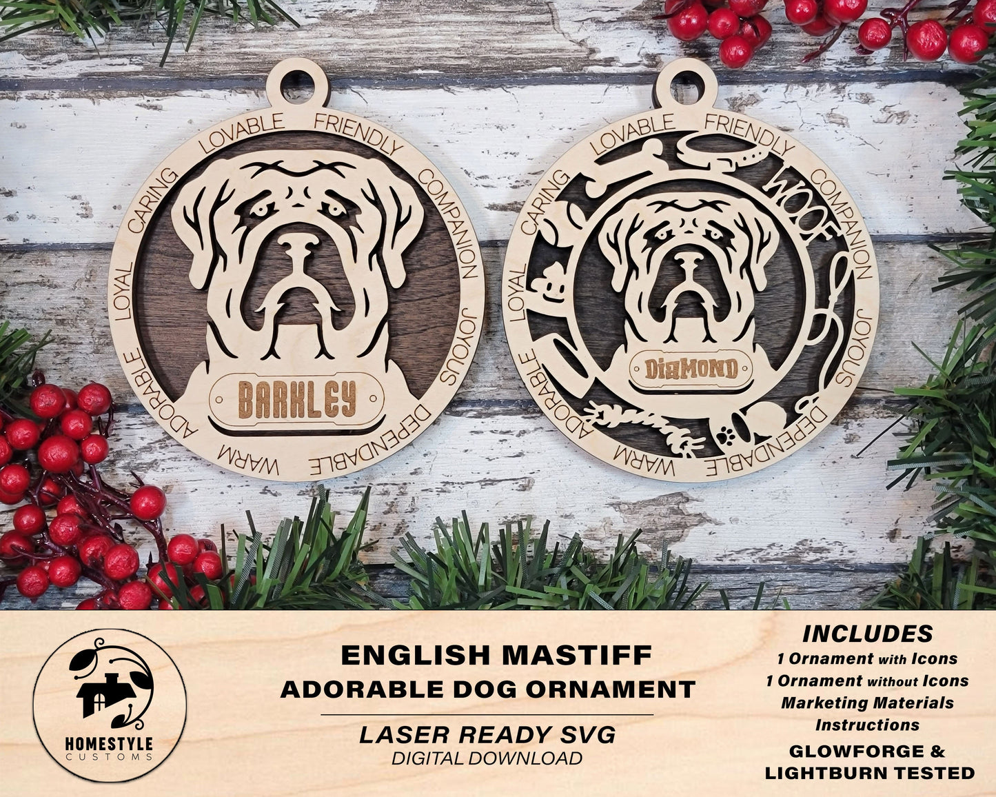 English Mastiff - Adorable Dog Ornaments - 2 Ornaments included - SVG, PDF, AI File Download - Sized for Glowforge