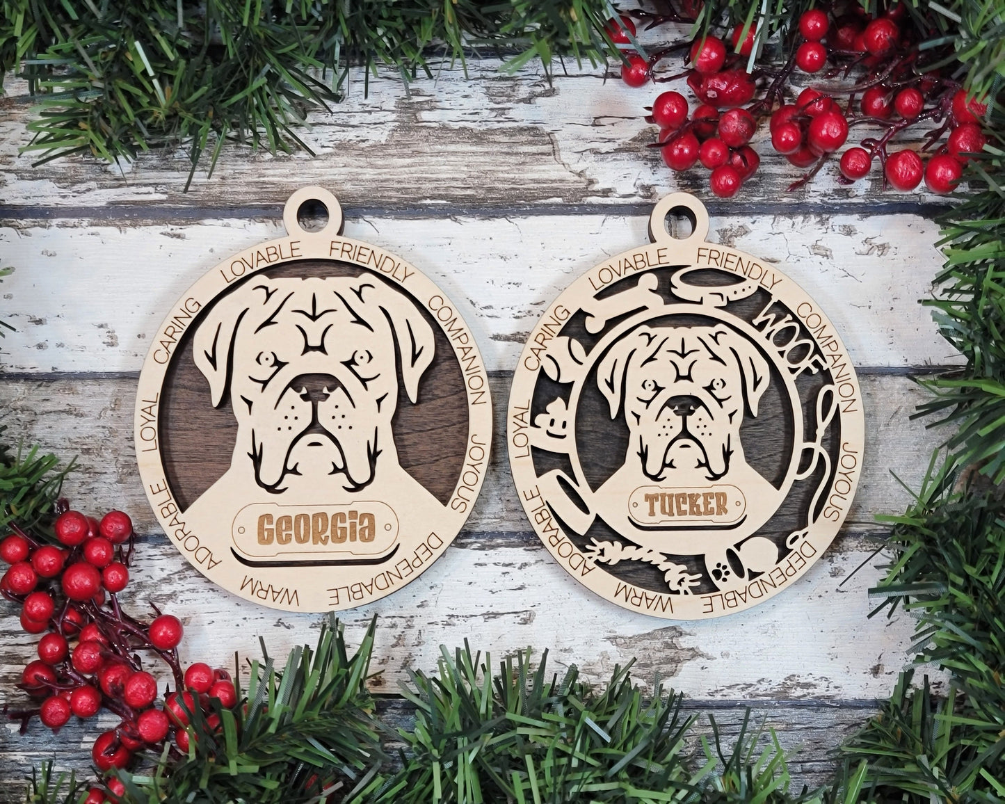 French Mastiff - Adorable Dog Ornaments - 2 Ornaments included - SVG, PDF, AI File Download - Sized for Glowforge