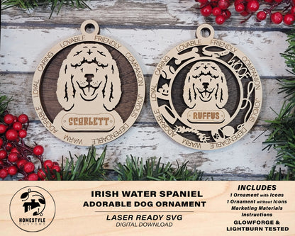 Irish Water Spaniel - Adorable Dog Ornaments - 2 Ornaments included - SVG, PDF, AI File Download - Sized for Glowforge