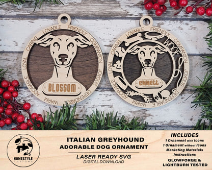 Italian Greyhound - Adorable Dog Ornaments - 2 Ornaments included - SVG, PDF, AI File Download - Sized for Glowforge