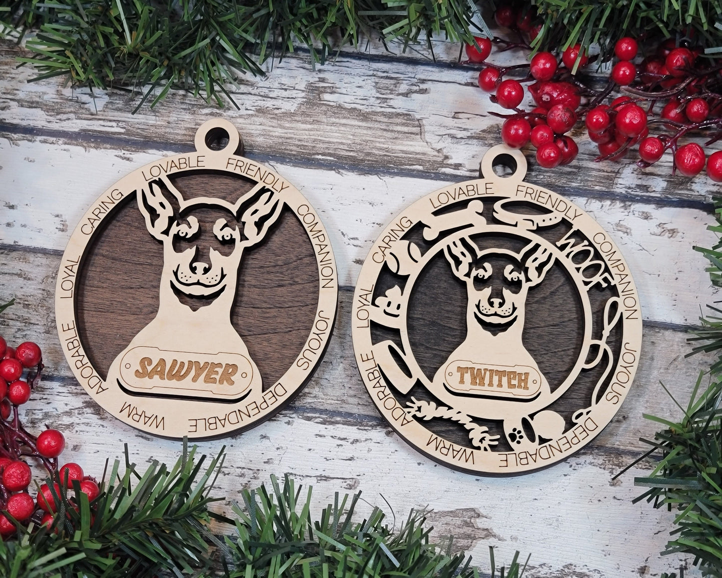 Miniature Pinscher - Adorable Dog Ornaments - 2 Ornaments included - SVG, PDF, AI File Download - Sized for Glowforge