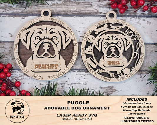 Puggle - Adorable Dog Ornaments - 2 Ornaments included - SVG, PDF, AI File Download - Sized for Glowforge