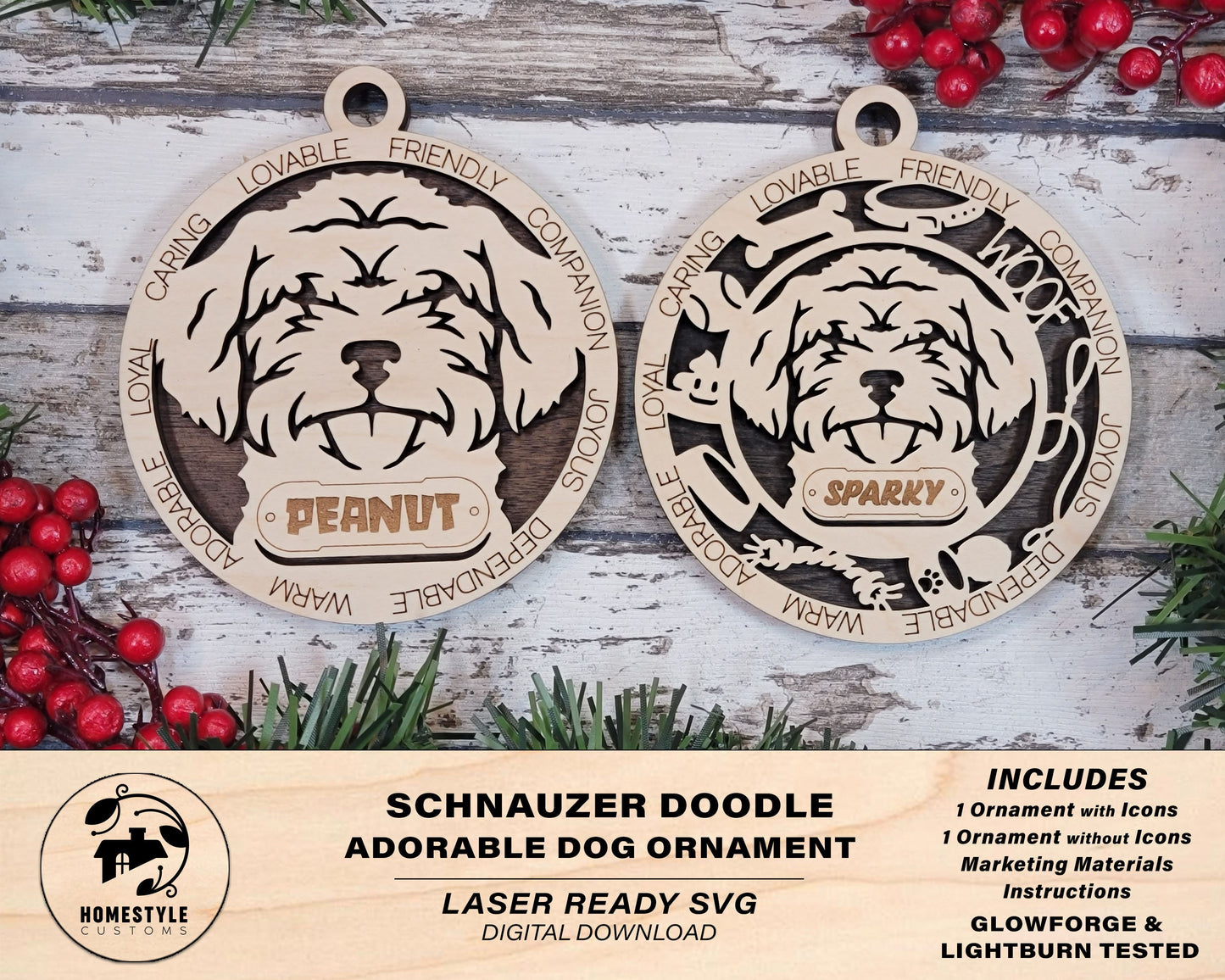 Schnauzer Doodle - Adorable Dog Ornaments - 2 Ornaments included - SVG, PDF, AI File Download - Sized for Glowforge
