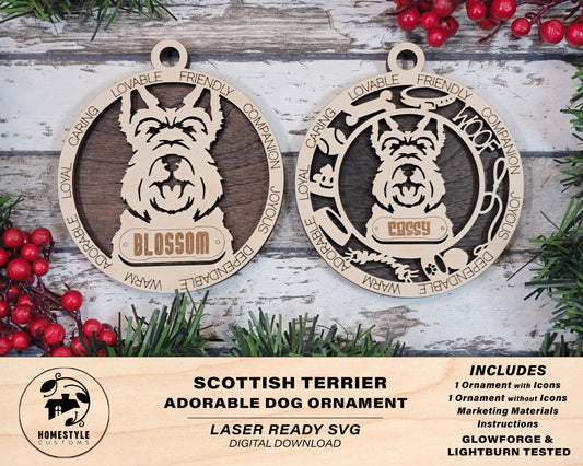 Scottish Terrier - Adorable Dog Ornaments - 2 Ornaments included - SVG, PDF, AI File Download - Sized for Glowforge