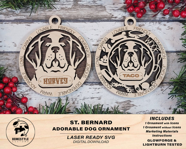St. Bernard - Adorable Dog Ornaments - 2 Ornaments included - SVG, PDF, AI File Download - Sized for Glowforge