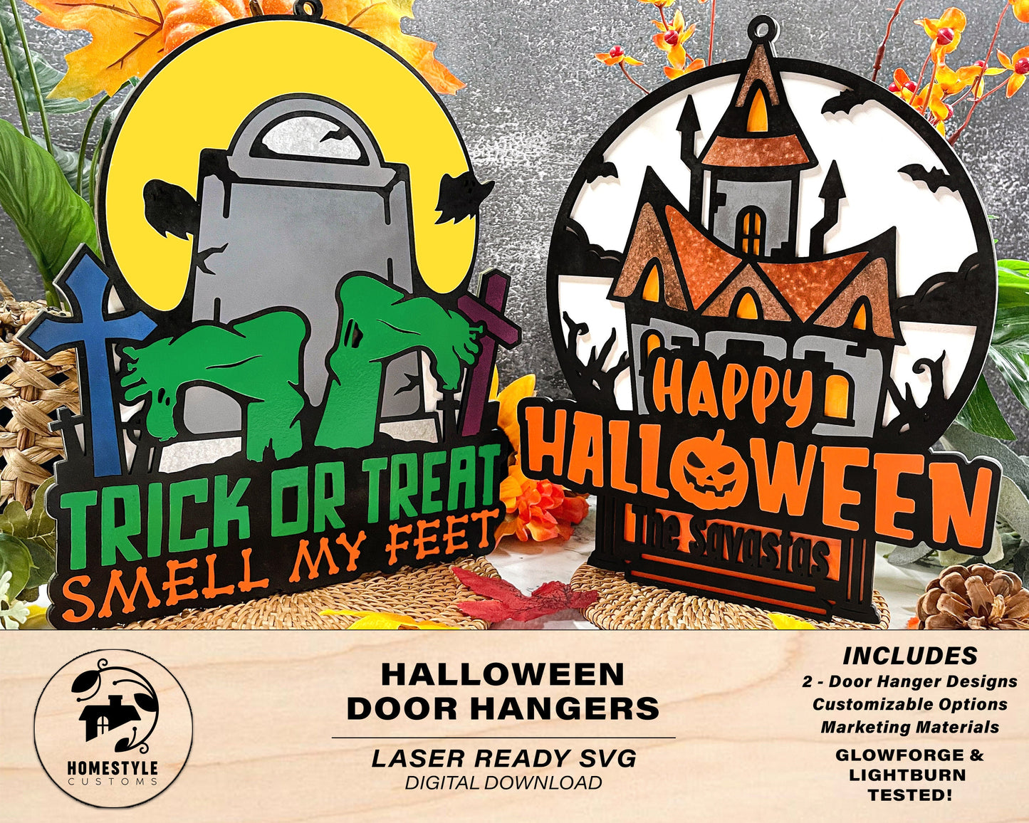 Halloween Door Hangers - 2 Designs with 6 Personalization Options - SVG File Download - Sized & Tested in Glowforge