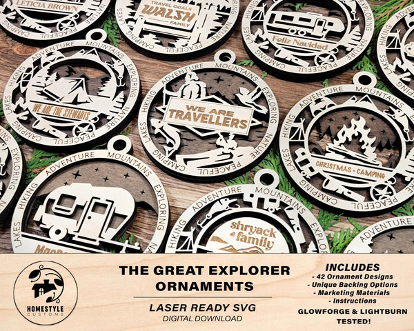 The Great Explorer Ornaments - Camping, Rv, Outdoor Designs - 42 Unique designs - SVG, PDF, AI File Download - Sized for Glowforge