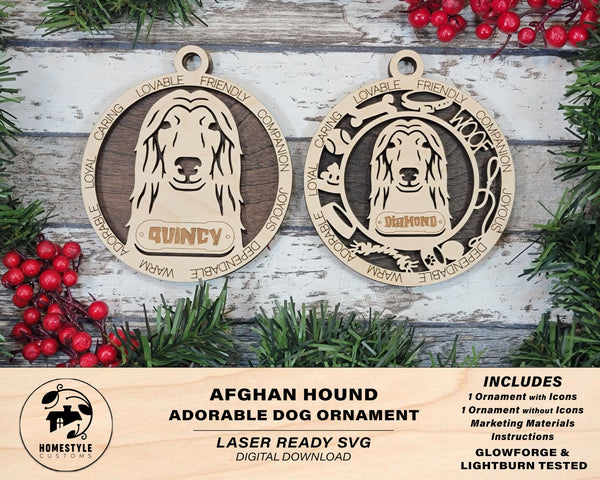 Afghan Hound - Adorable Dog Ornaments - 2 Ornaments included - SVG, PDF, AI File Download - Sized for Glowforge