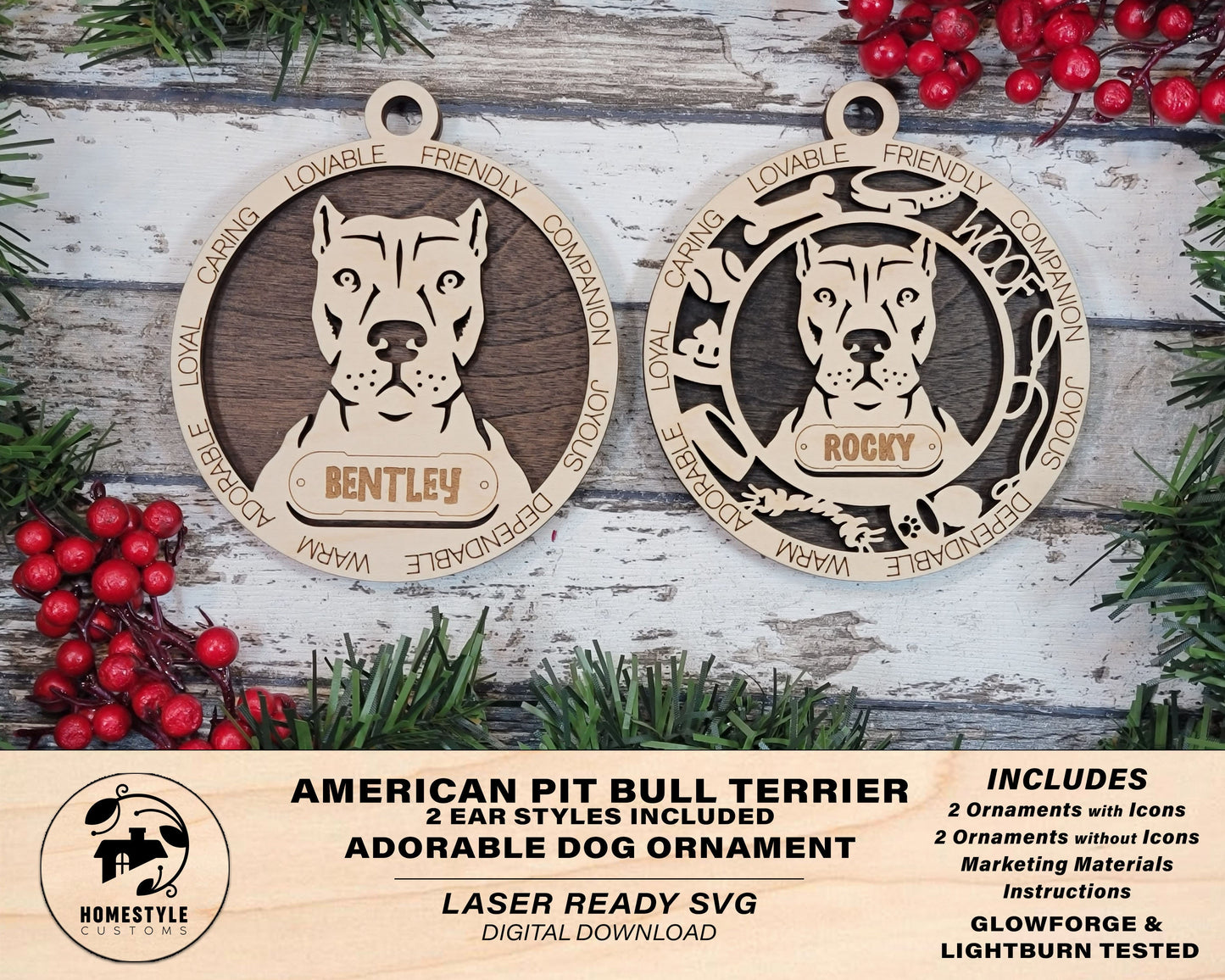 American Pitbull Terrier - Adorable Dog Ornaments - 4 Ornaments included - SVG, PDF, AI File Download - Sized for Glowforge