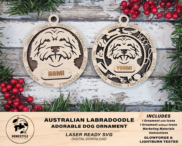 Australian Labradoodle - Adorable Dog Ornaments - 2 Ornaments included - SVG, PDF, AI File Download - Sized for Glowforge