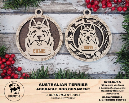 Australian Terrier - Adorable Dog Ornaments - 2 Ornaments included - SVG, PDF, AI File Download - Sized for Glowforge