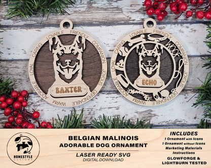 Belgian Malinois - Adorable Dog Ornaments - 2 Ornaments included - SVG, PDF, AI File Download - Sized for Glowforge