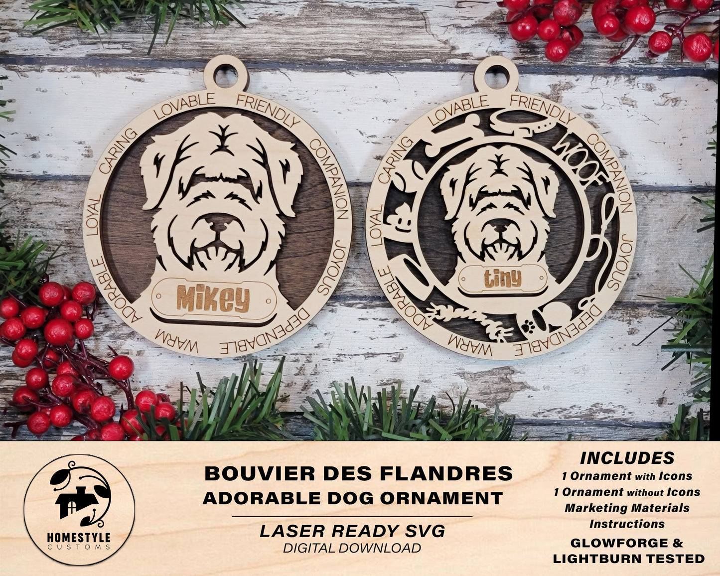 Bouvier Des Flandres - Adorable Dog Ornaments - 2 Ornaments included - SVG, PDF, AI File Download - Sized for Glowforge
