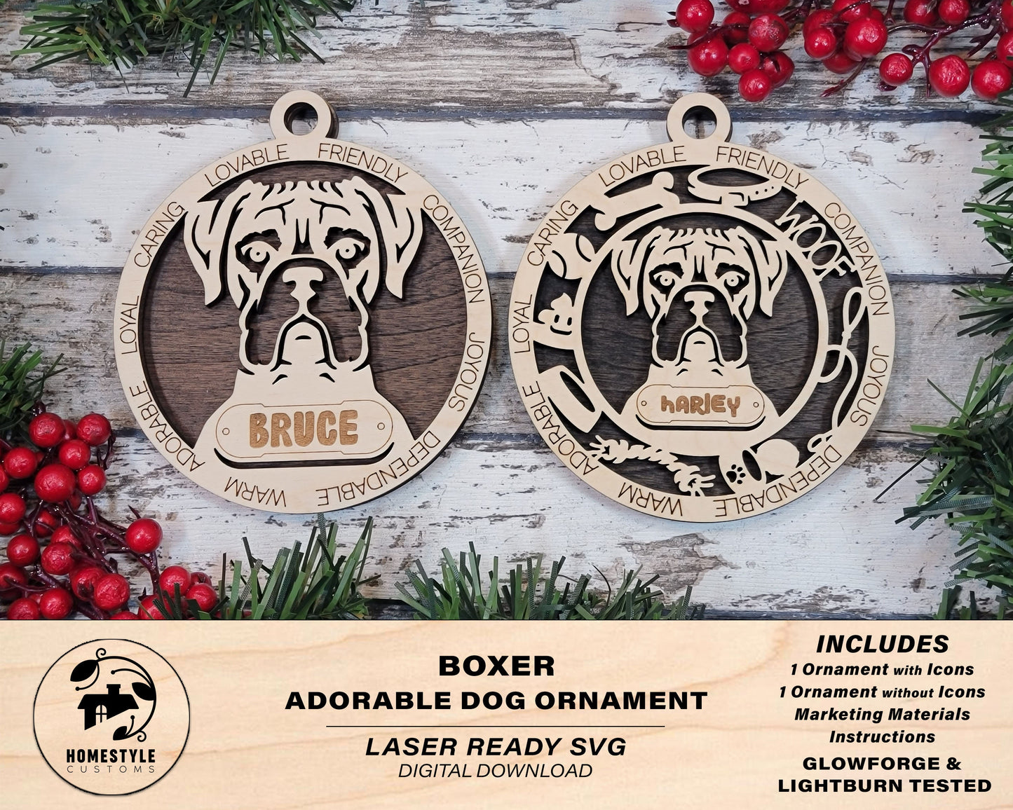 Boxer - Adorable Dog Ornaments - 2 Ornaments included - SVG, PDF, AI File Download - Sized for Glowforge