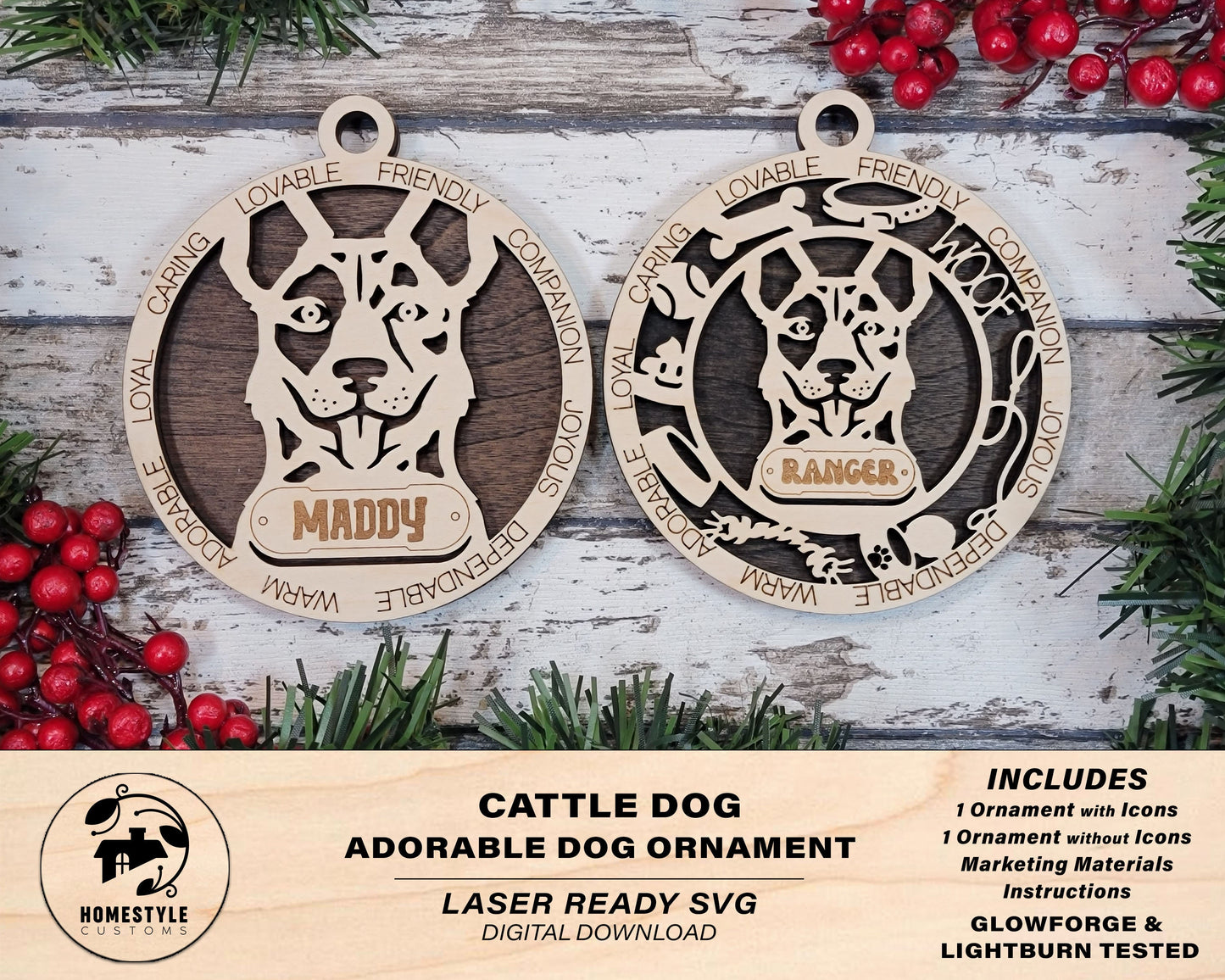 Cattle Dog - Adorable Dog Ornaments - 2 Ornaments included - SVG, PDF, AI File Download - Sized for Glowforge