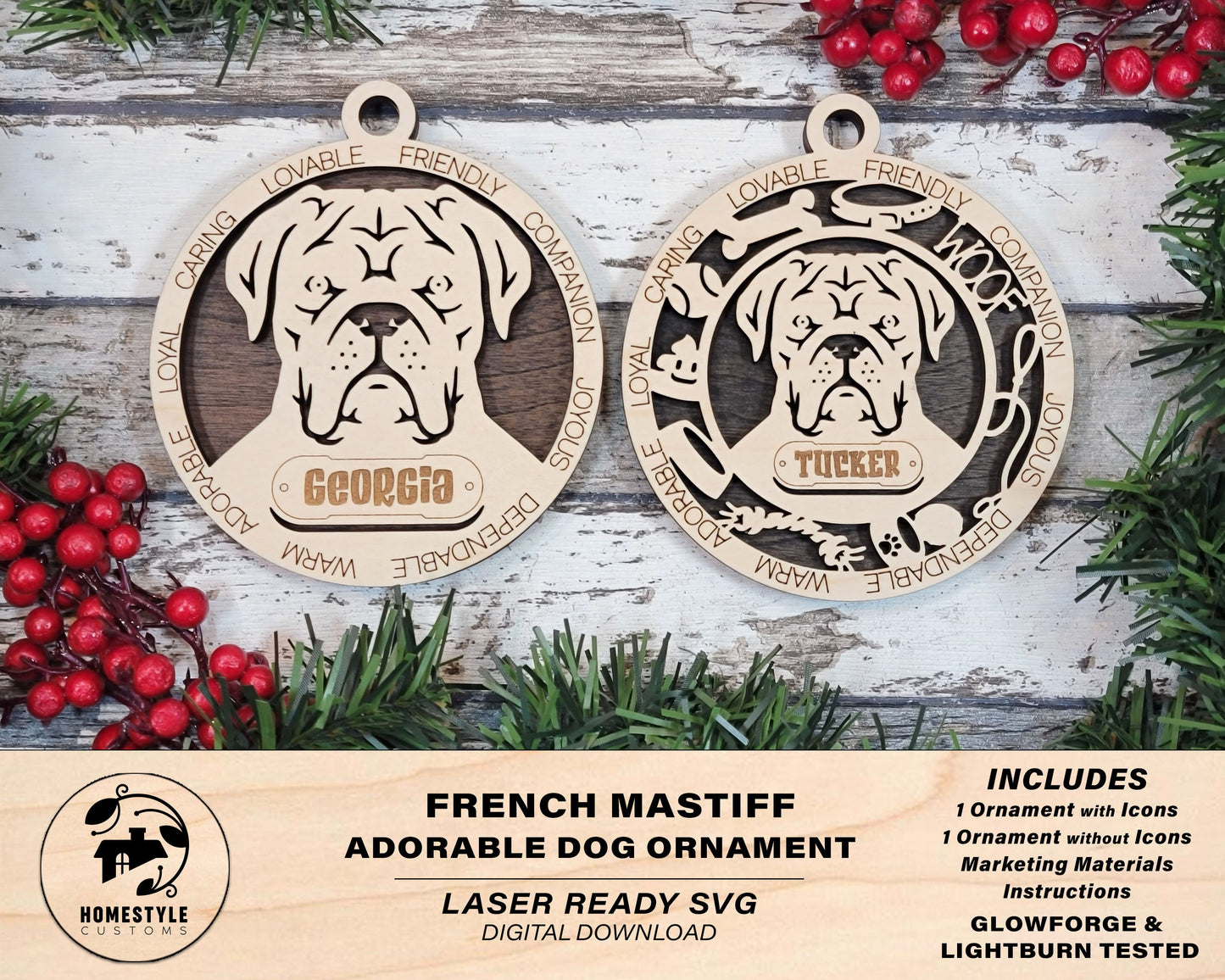 French Mastiff - Adorable Dog Ornaments - 2 Ornaments included - SVG, PDF, AI File Download - Sized for Glowforge