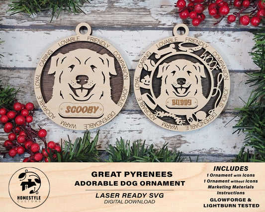 Great Pyrenees - Adorable Dog Ornaments - 2 Ornaments included - SVG, PDF, AI File Download - Sized for Glowforge