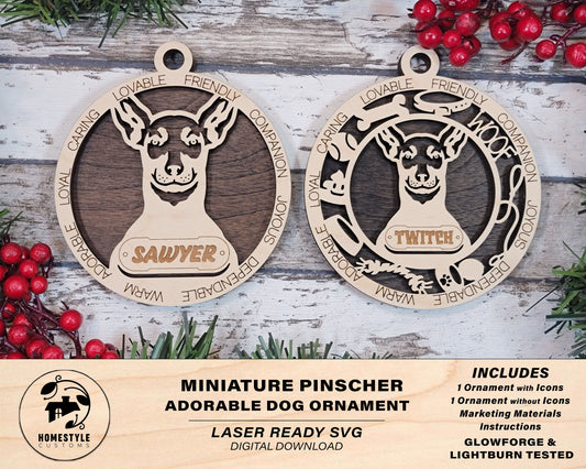 Miniature Pinscher - Adorable Dog Ornaments - 2 Ornaments included - SVG, PDF, AI File Download - Sized for Glowforge