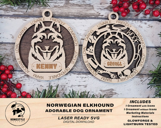 Norwegian Elkhound - Adorable Dog Ornaments - 2 Ornaments included - SVG, PDF, AI File Download - Sized for Glowforge